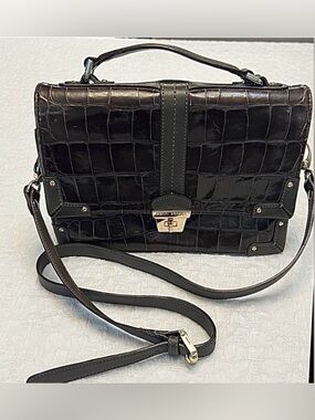 VINTAGE HENRI BENDEL LEATHER CROCODILE EMBOSSED FLAP OVER CLUTCH CROSSBODY BAG